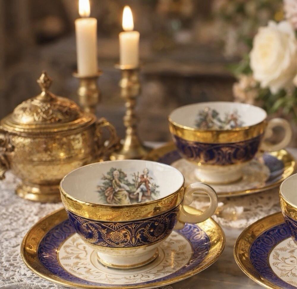 Vintage Bromley Teacups & Saucers Pair 22K Gold Taylor Smith & Taylor
